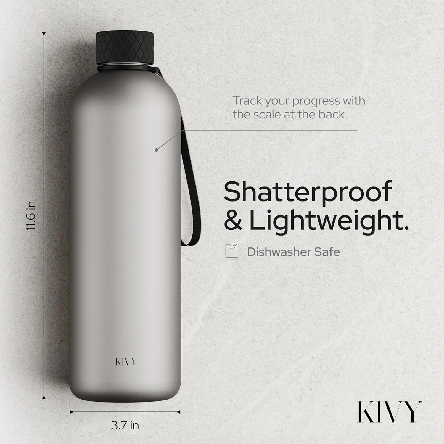 KIVY Large Water Bottle 50oz [Lightweight & Shatterproof] Fits Backpack & Cupholder for Travel, Sports, School - Black water bottle no straw - 1.5 Liter water bottles - 50oz Water bottle