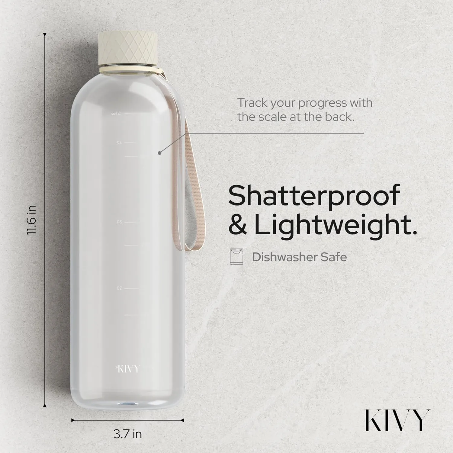 KIVY Large Water Bottle 50oz [Lightweight & Shatterproof] - Fits Backpack & Cupholder for Travel, Sports, School - Clear, No Straw, 1.5 Liter