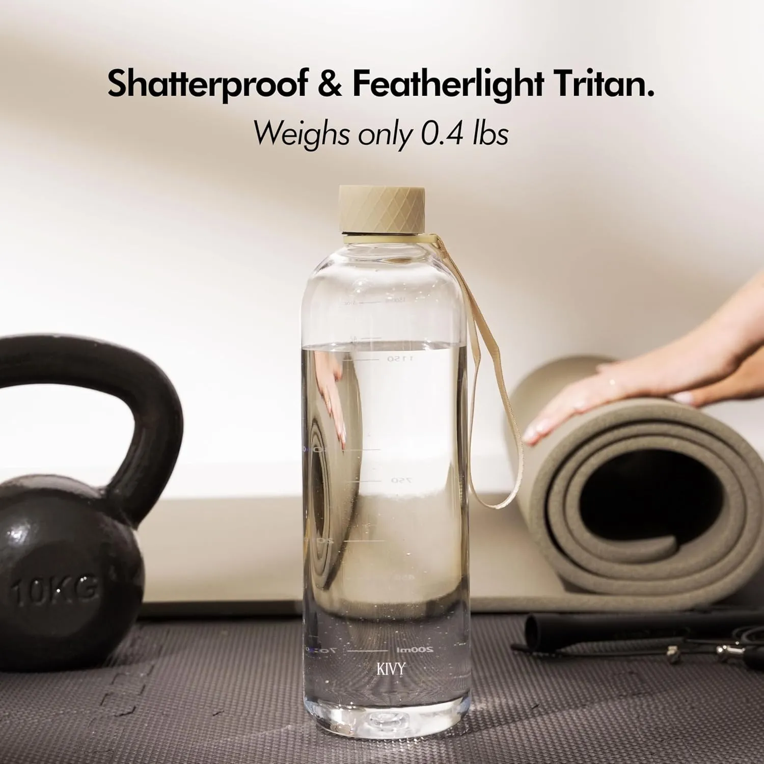 KIVY Large Water Bottle 50oz [Lightweight & Shatterproof] - Fits Backpack & Cupholder for Travel, Sports, School - Clear, No Straw, 1.5 Liter