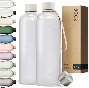 KIVY Large Water Bottle 50oz [Lightweight & Shatterproof] - Fits Backpack & Cupholder for Travel, Sports, School - Clear, No Straw, 1.5 Liter