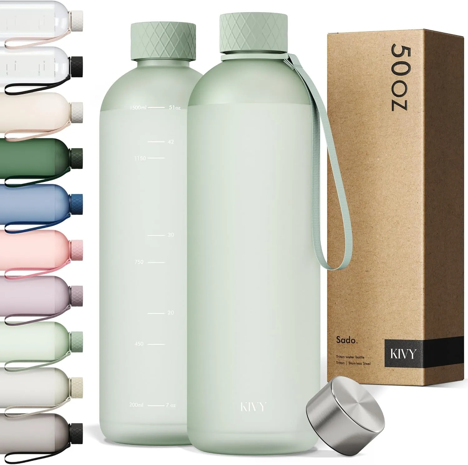 KIVY Large Water Bottle 50oz [Lightweight & Shatterproof] Fits Backpack & Cupholder for Travel, Sports, School - Extra large bottle no straw - 1.5 Liter bottles - 50oz Water bottle Green