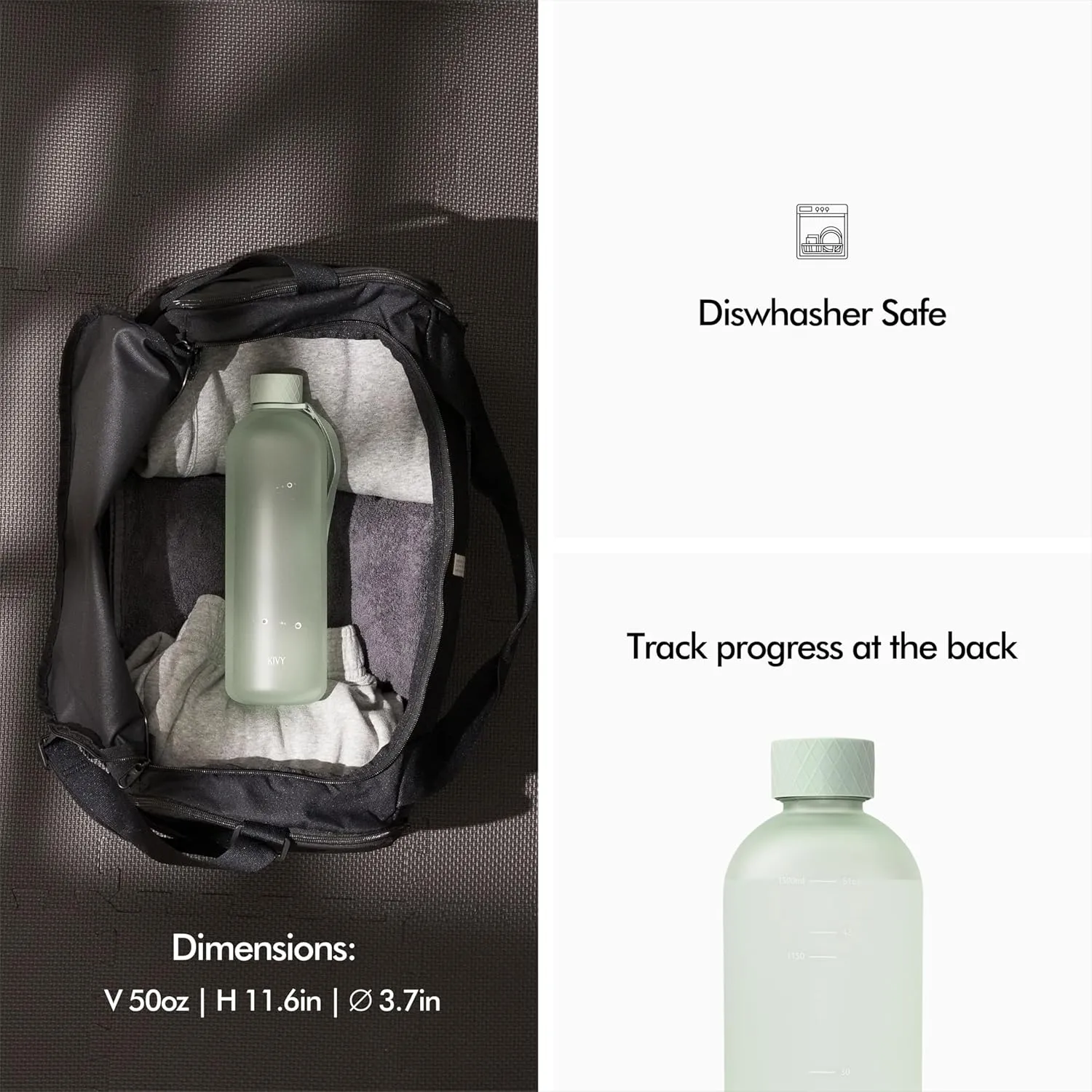 KIVY Large Water Bottle 50oz [Lightweight & Shatterproof] Fits Backpack & Cupholder for Travel, Sports, School - Extra large bottle no straw - 1.5 Liter bottles - 50oz Water bottle Green