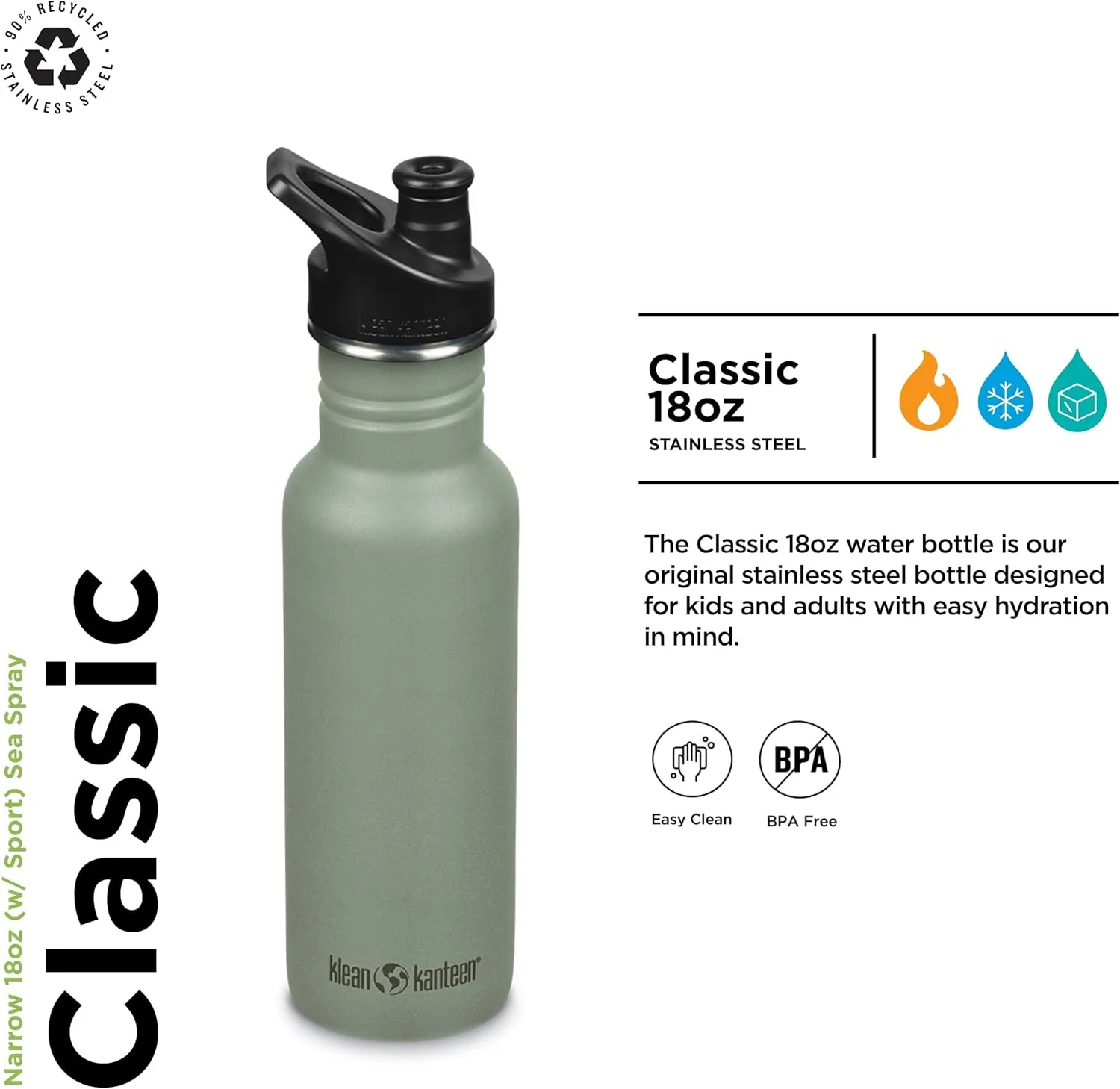 Klean Kanteen Classic Narrow Water Bottle with Sport Cap - Durable Stainless Steel Water Bottle - BPA-Free & Dishwasher-Safe - Sea Spray, 18 oz