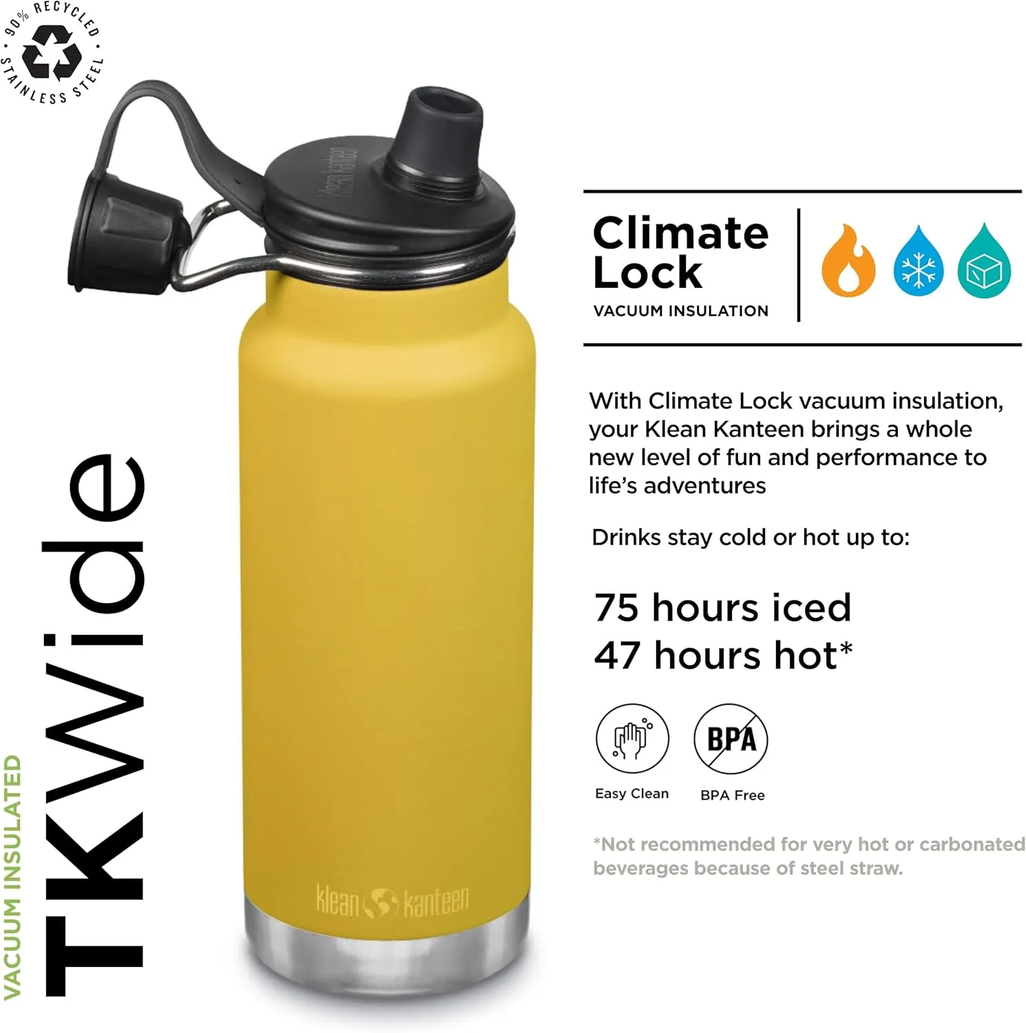 Klean Kanteen TKWide Insulated Water Bottle with Chug Cap - Portable, Stainless Steel Travel Bottle - Perfect for Sports & Outdoor Activities - Marigold, 32 oz