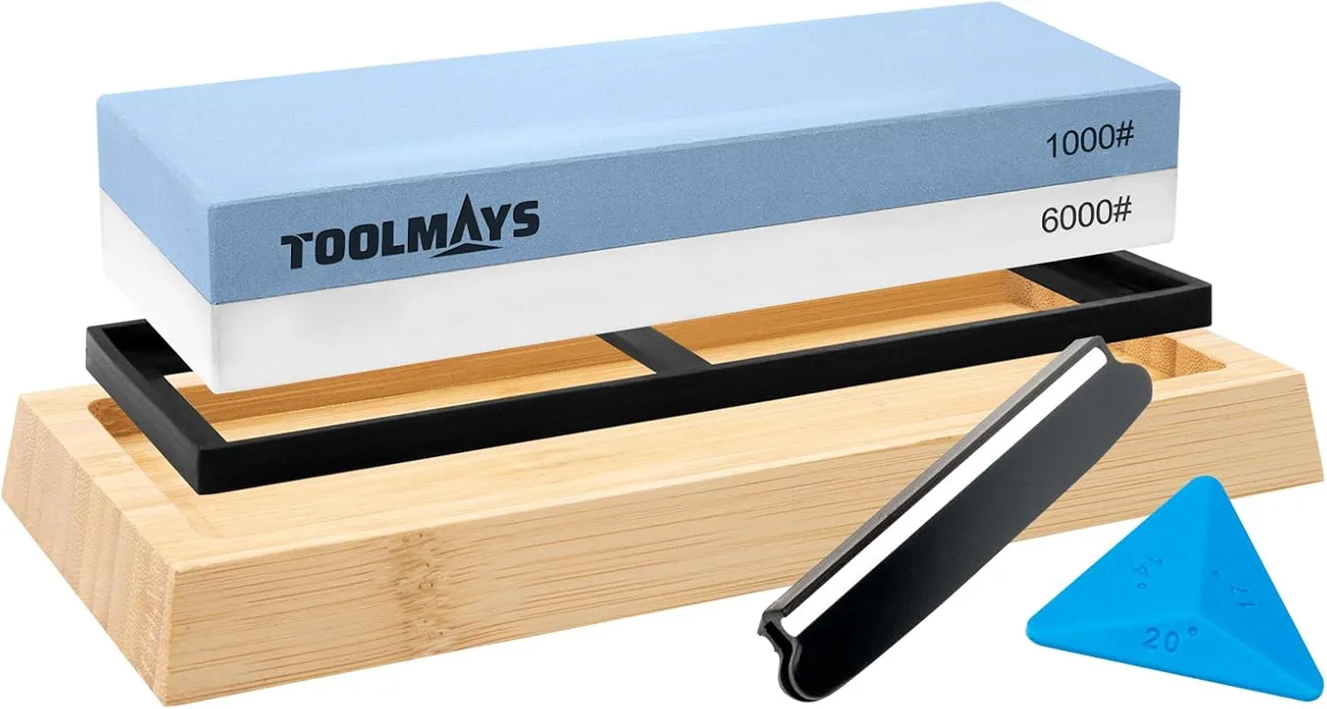Knife Sharpening Stone Set, Dual Grit Whetstone 1000/6000 Knife Sharpener, Wet Stone Sharpening Kit with Nonslip Bamboo Base, Angle Guide and Knife Holder (5pcs)