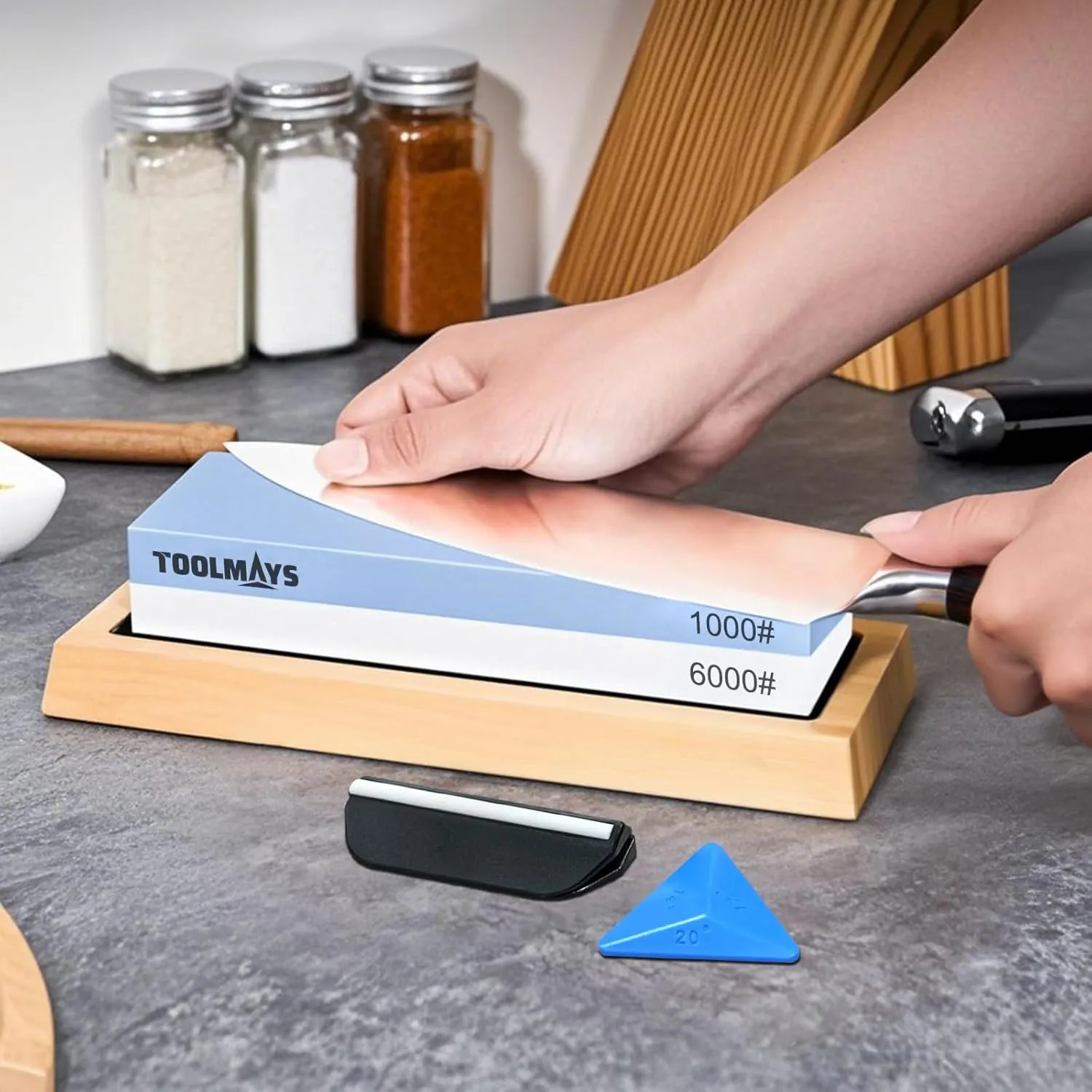 Knife Sharpening Stone Set, Dual Grit Whetstone 1000/6000 Knife Sharpener, Wet Stone Sharpening Kit with Nonslip Bamboo Base, Angle Guide and Knife Holder (5pcs)