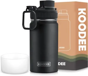 koodee Water Bottle -12 oz Stainless Steel Double Wall Vacuum Insulated Water Bottle with Straw, Sports Metal Wide Mouth Water Bottle Flask for School (Black)