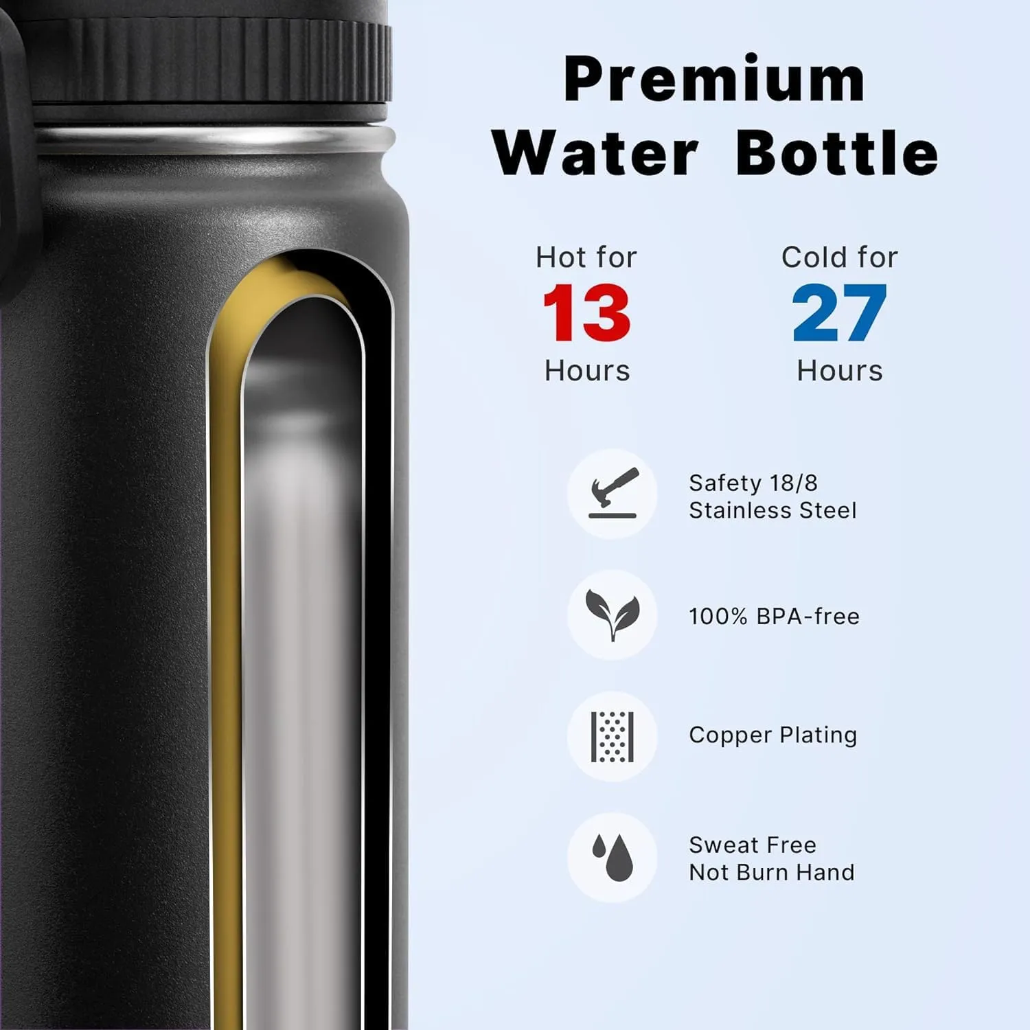 koodee Water Bottle -12 oz Stainless Steel Double Wall Vacuum Insulated Water Bottle with Straw, Sports Metal Wide Mouth Water Bottle Flask for School (Black)