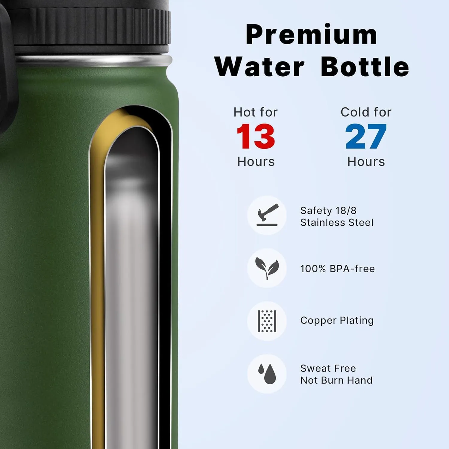 koodee Water Bottle-16 oz Stainless Steel Double Wall Vacuum Insulated Sports Water Bottle with Straw for Girls and Boy (Grass Green)