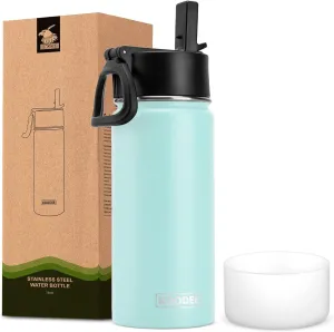 koodee Water Bottle with Straw-16 oz Stainless Steel Double Wall Vacuum Insulated Sports Metal Water Bottle for School (Baby Blue)