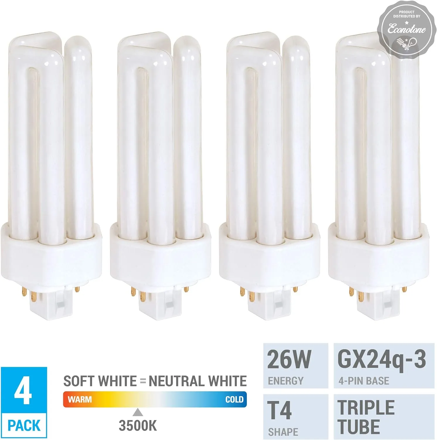 KOR (Pack of 4) 26 Watt Triple Tube - GX24Q-3 (4 Pin) Base -3500K White - CFL Light Bulb - Replaces Sylvania 20881 CF26DT/E/IN/835 - Philips 268243 PL-T 26W/35/4P/ALTO - GE 97616 F26TBX/835/A/ECO