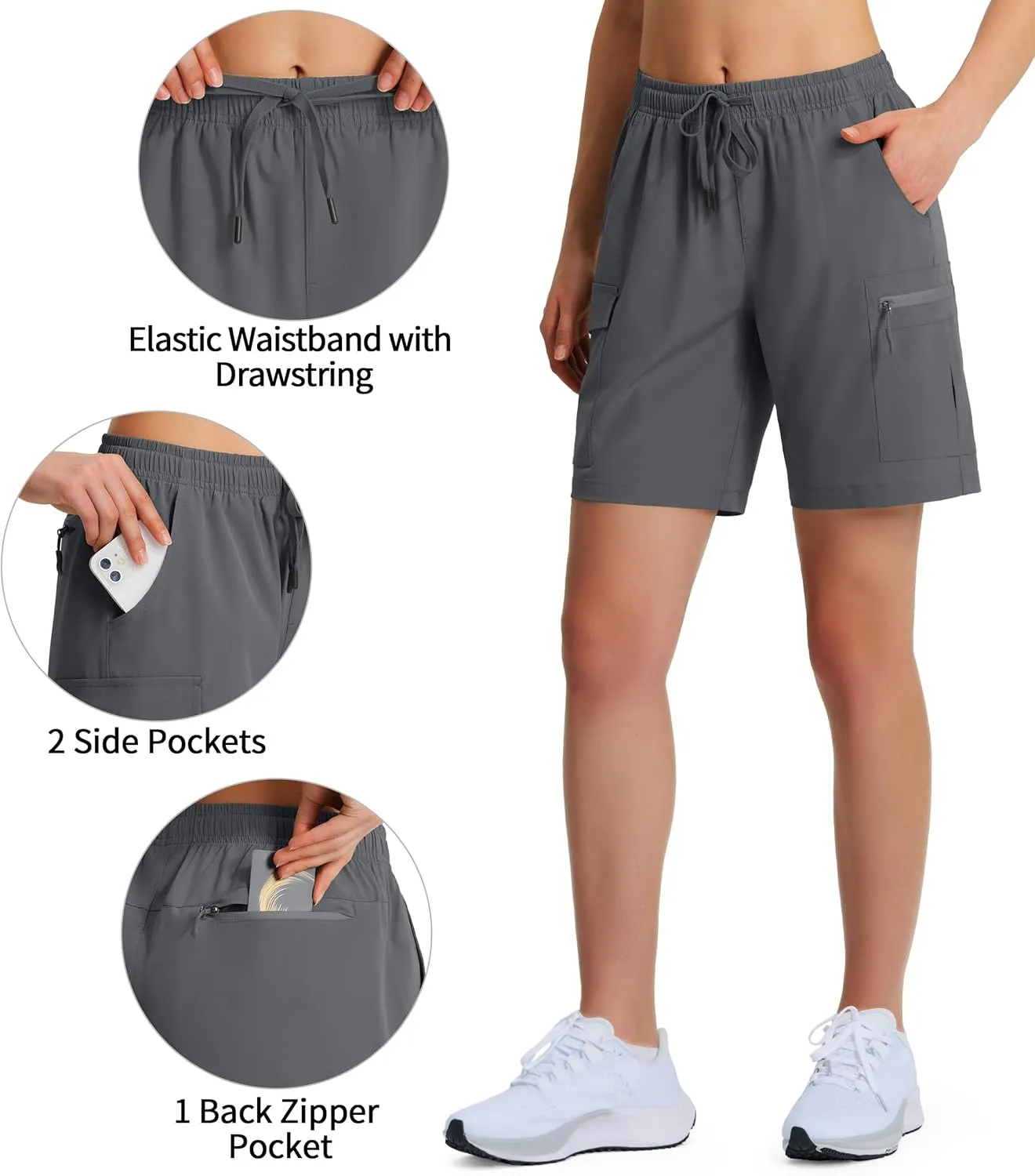 Ksmien Women's 7" Hiking Cargo Shorts Lightweight Quick Dry Ladies Summer Shorts with Zipper Pockets for Travel Golf