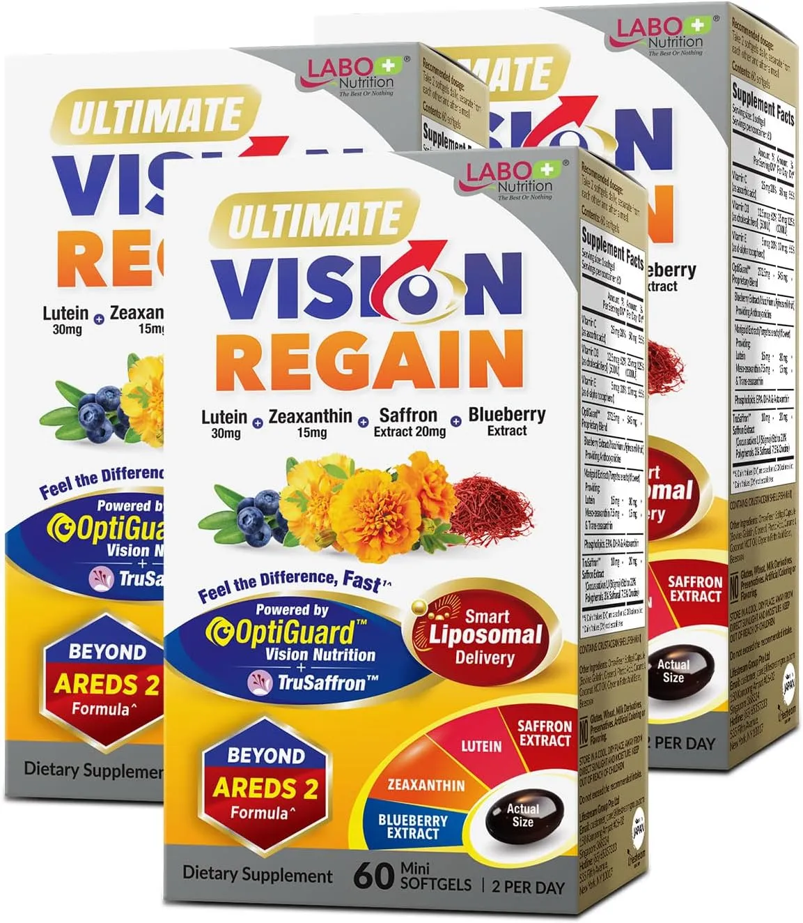 LABO Nutrition Ultimate VisionREGAIN, Eye Vitamin Beyond AREDS 2 Formula with Lutein, Zeaxanthin, Saffron Extract, Blueberry for Macular & Retinal Health, Eye Fatigue, Night Vision Support 60 Countsx3