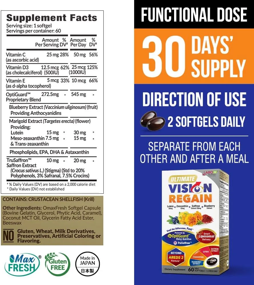 LABO Nutrition Ultimate VisionREGAIN, Eye Vitamin Beyond AREDS 2 Formula with Lutein, Zeaxanthin, Saffron Extract, Blueberry for Macular & Retinal Health, Eye Fatigue, Night Vision Support 60 Countsx3