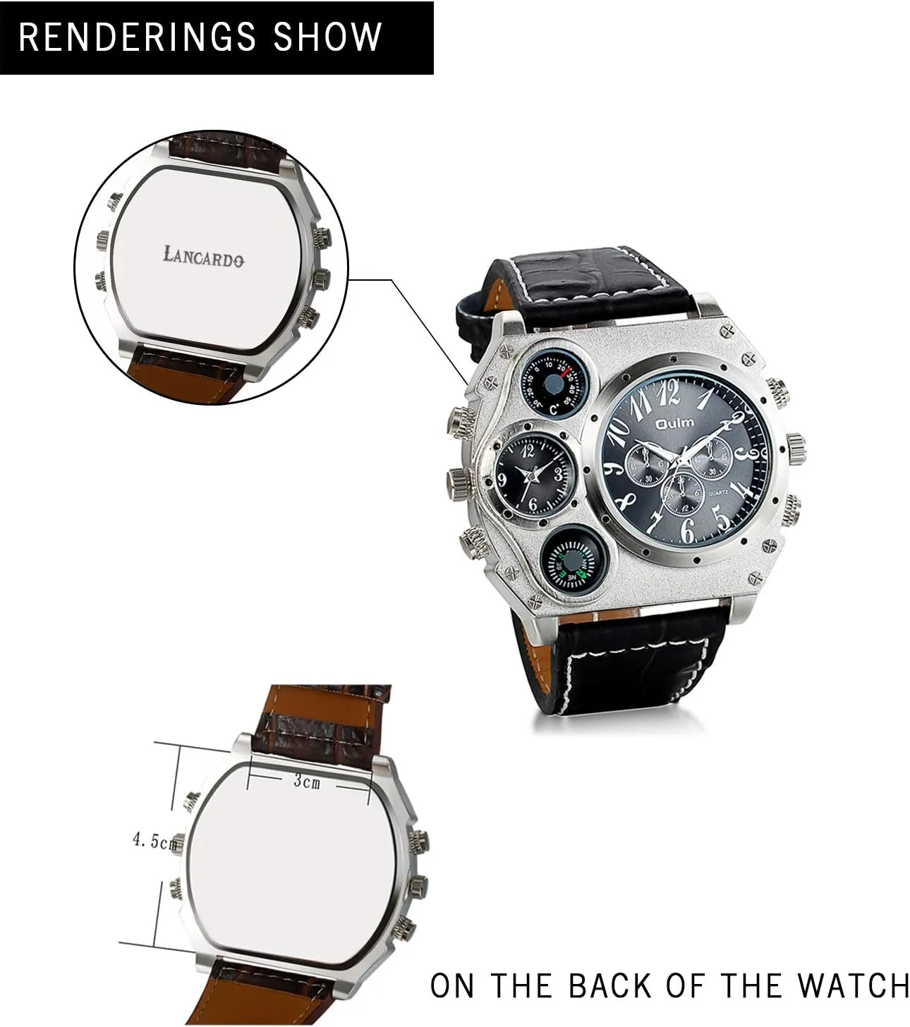Lancardo Cool Watch for Men: Big Face Leather Strap Dual Time Zone Steampunk Wrist Watch Father's Day