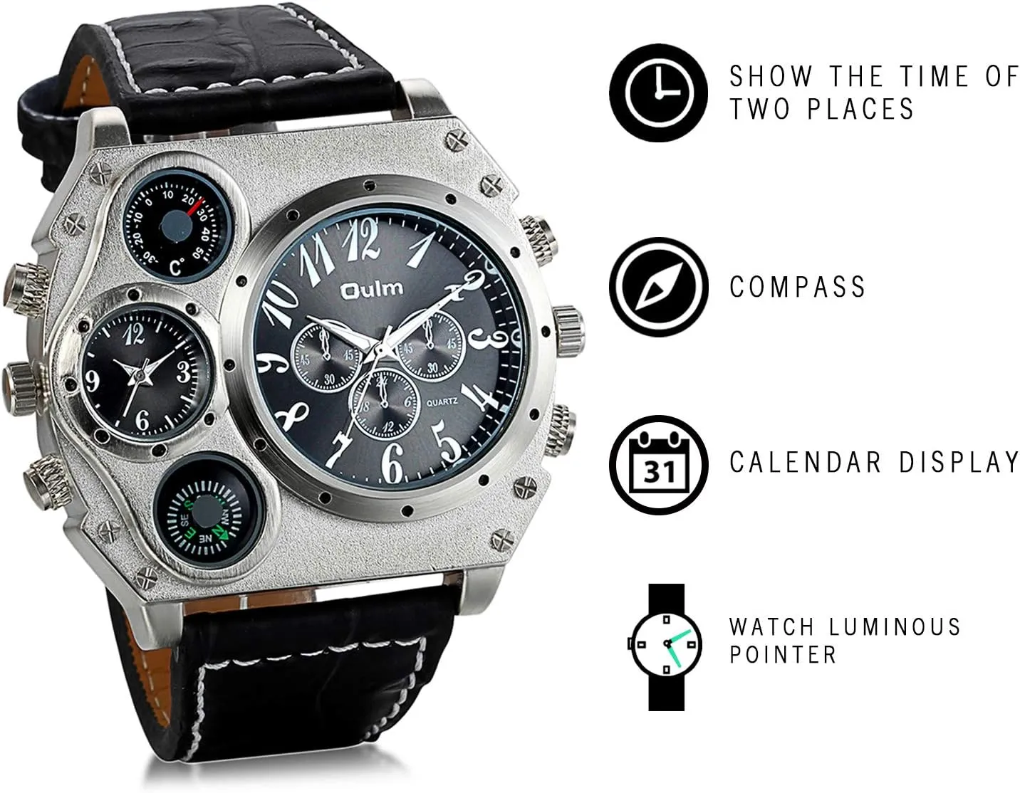 Lancardo Cool Watch for Men: Big Face Leather Strap Dual Time Zone Steampunk Wrist Watch Father's Day