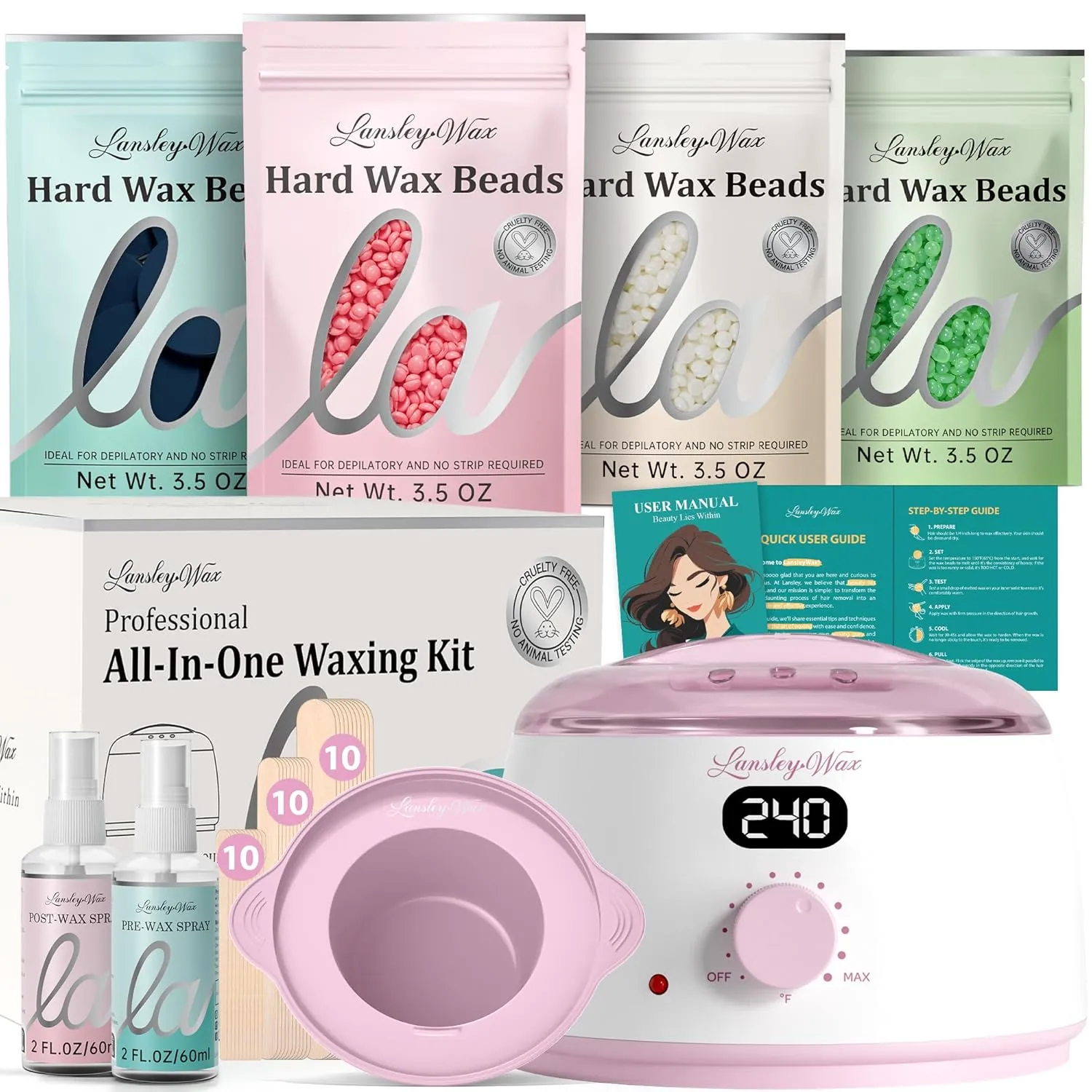 LANSLEYWAX Waxing Kit for Women Men-Pink Wax Machine with 39 Accessories-Hard Wax Kit for Face Eyebrow Lip Brazilian Bikini Sensitive Skin, Digital Waxing Warmer Hair Removal for Home/Salon Use