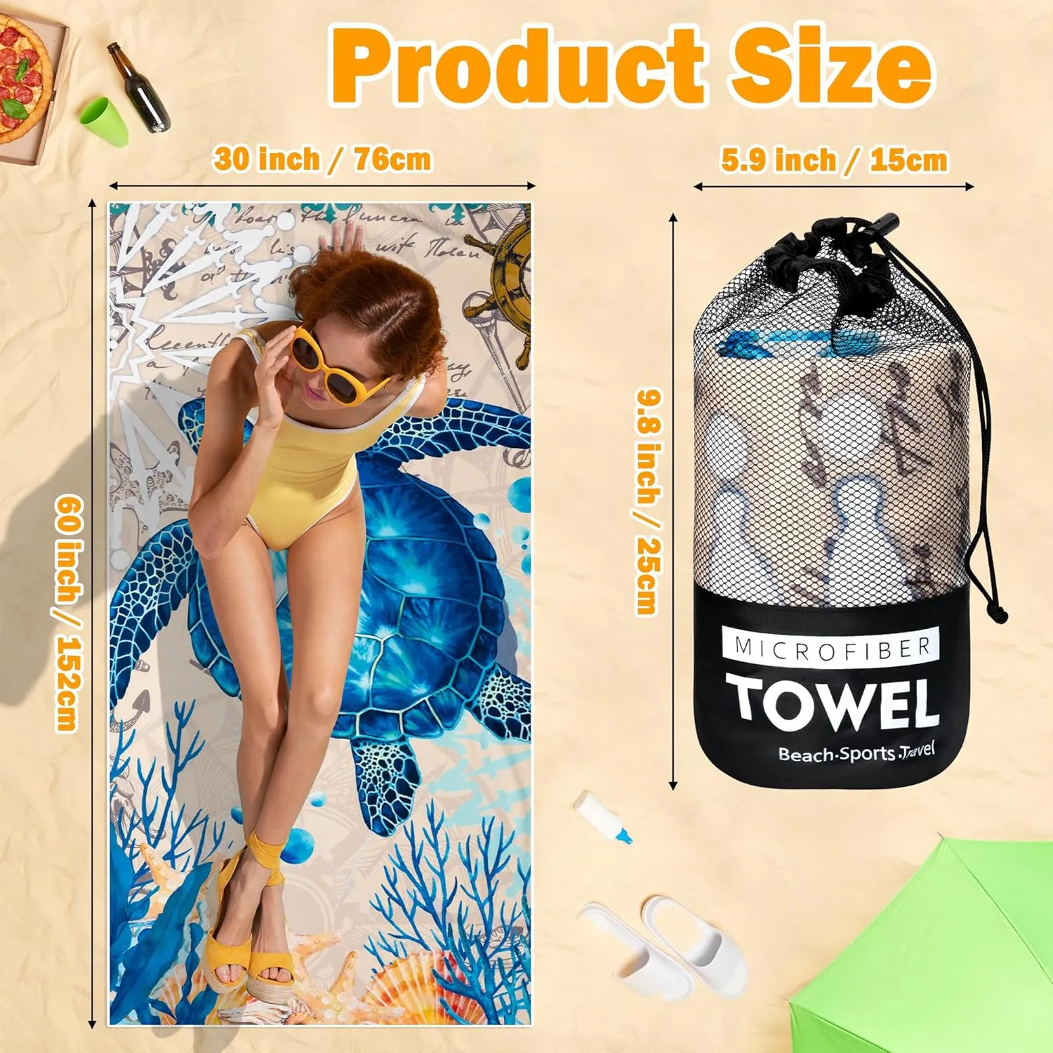 Large Beach Towel - Sea Turtle Beach Towel with Carry Bag, 30'' x 60'' Microfiber Absorbent Sand-Free Quick Dry Bath Towels Blanket for Sport Summer Outdoor Swim Camping Travel