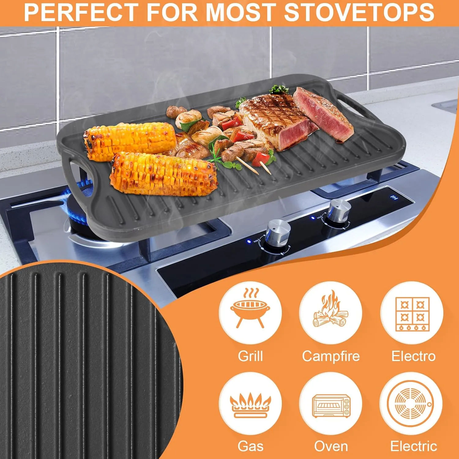 Large Cast Iron Griddle Insert, Skillet, Oblong Grilling Pan for Stovetop,Pre-Seasoned Stovetop Griddle Gas Stove Grill Plate Oven, 17" x 10" Reversible Pancake Pan for Weber,Charbroil etc.,1PC
