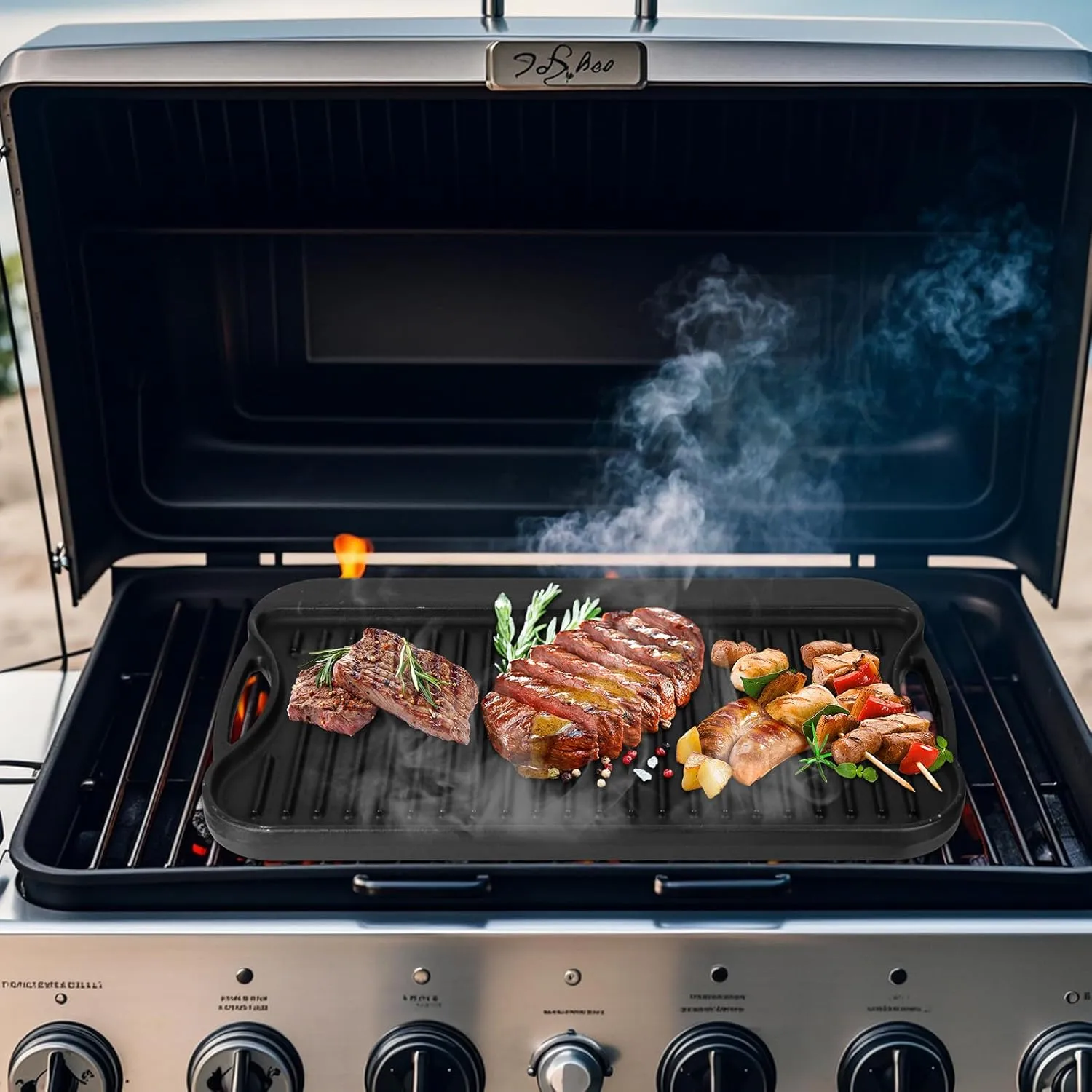 Large Cast Iron Griddle Insert, Skillet, Oblong Grilling Pan for Stovetop,Pre-Seasoned Stovetop Griddle Gas Stove Grill Plate Oven, 17" x 10" Reversible Pancake Pan for Weber,Charbroil etc.,1PC