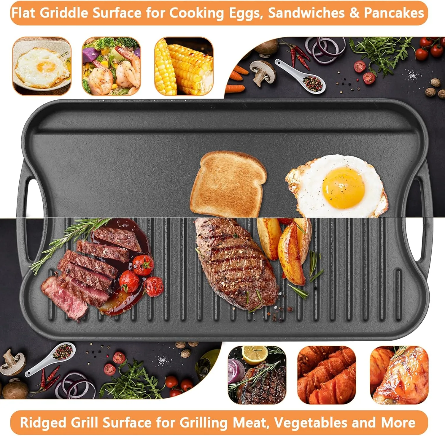 Large Cast Iron Griddle Insert, Skillet, Oblong Grilling Pan for Stovetop,Pre-Seasoned Stovetop Griddle Gas Stove Grill Plate Oven, 17" x 10" Reversible Pancake Pan for Weber,Charbroil etc.,1PC