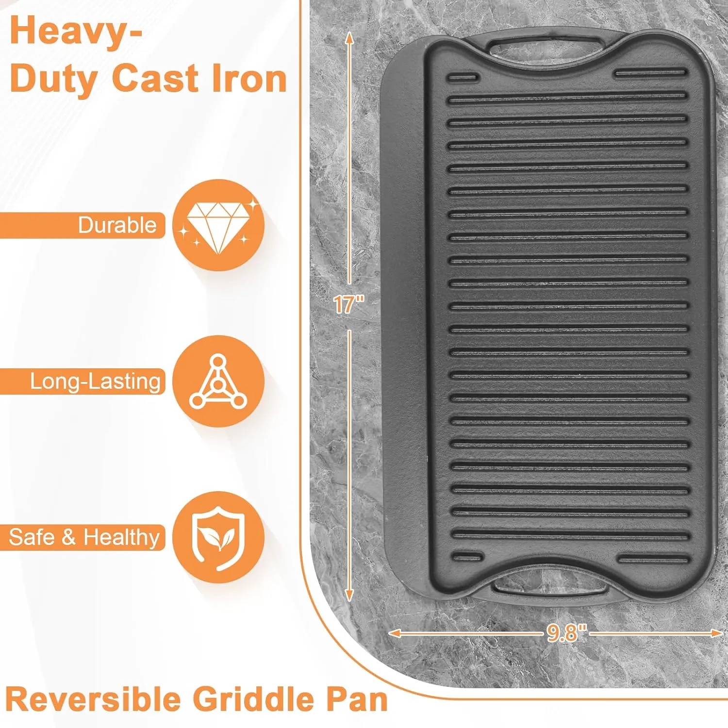 Large Cast Iron Griddle Insert, Skillet, Oblong Grilling Pan for Stovetop,Pre-Seasoned Stovetop Griddle Gas Stove Grill Plate Oven, 17" x 10" Reversible Pancake Pan for Weber,Charbroil etc.,1PC