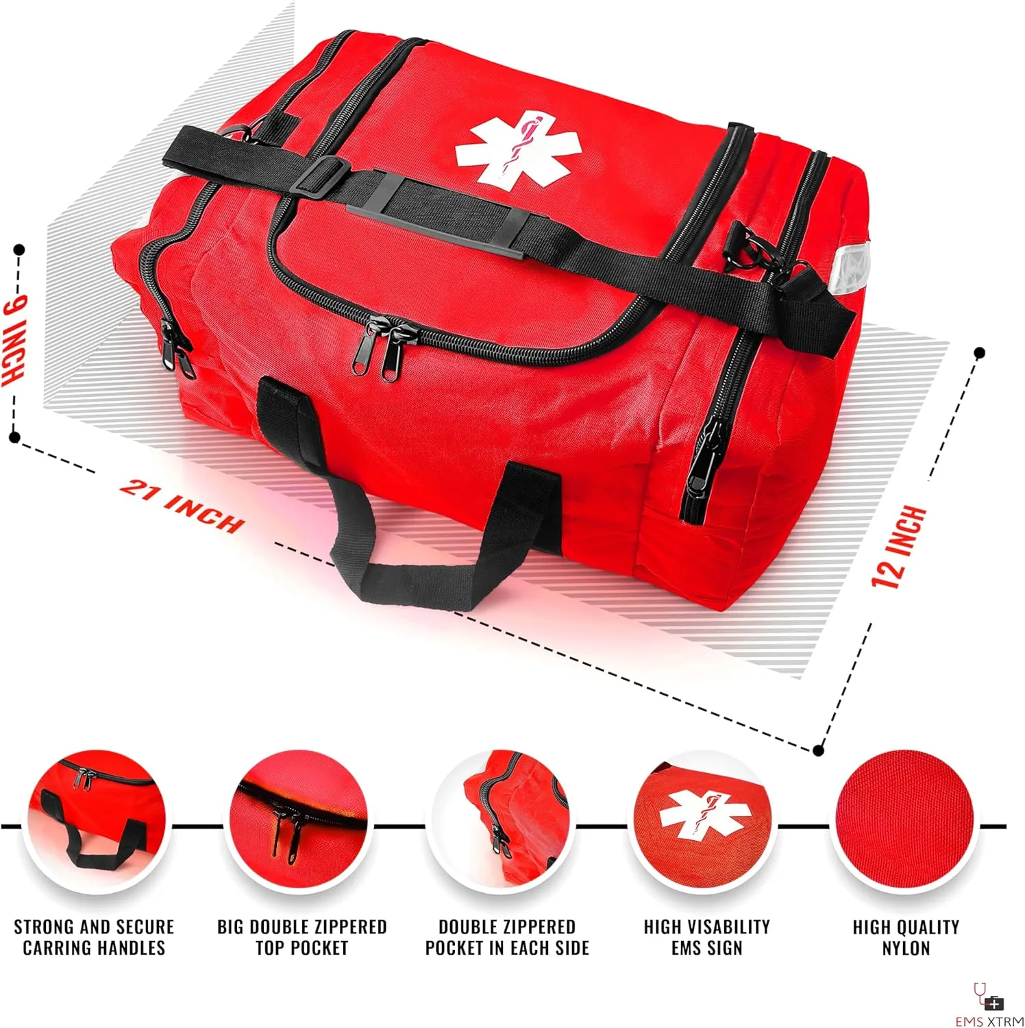 Large EMT Bag - Spacious, Multi-Compartment Medical Bag, Empty First Aid Bag for EMS, Hospitals, and Rescue Teams, Durable and Water-Resistant (Red)