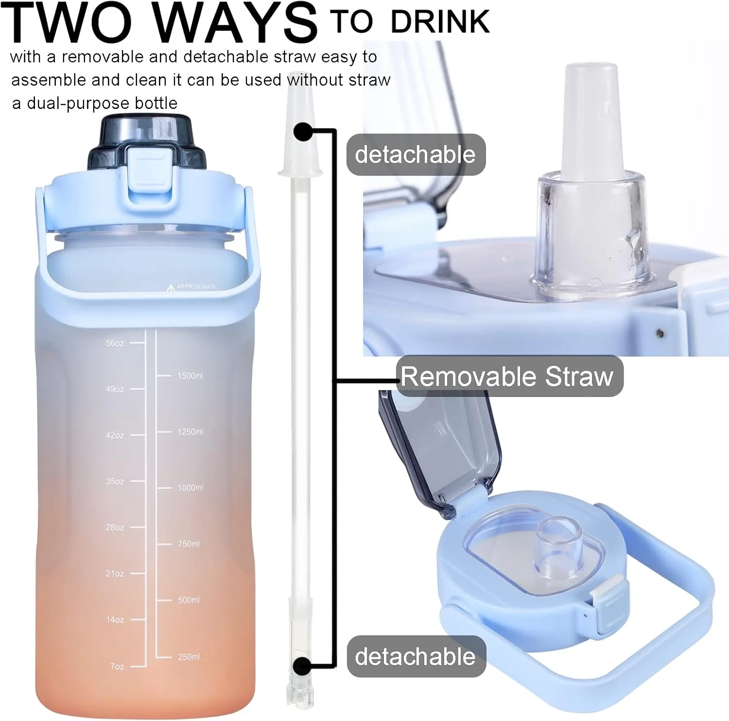 Large Motivational Water Bottle with Straw Time Marker BPA Free for Sport and Fitness (Blue Orange, 64 Oz / Half Gallon)