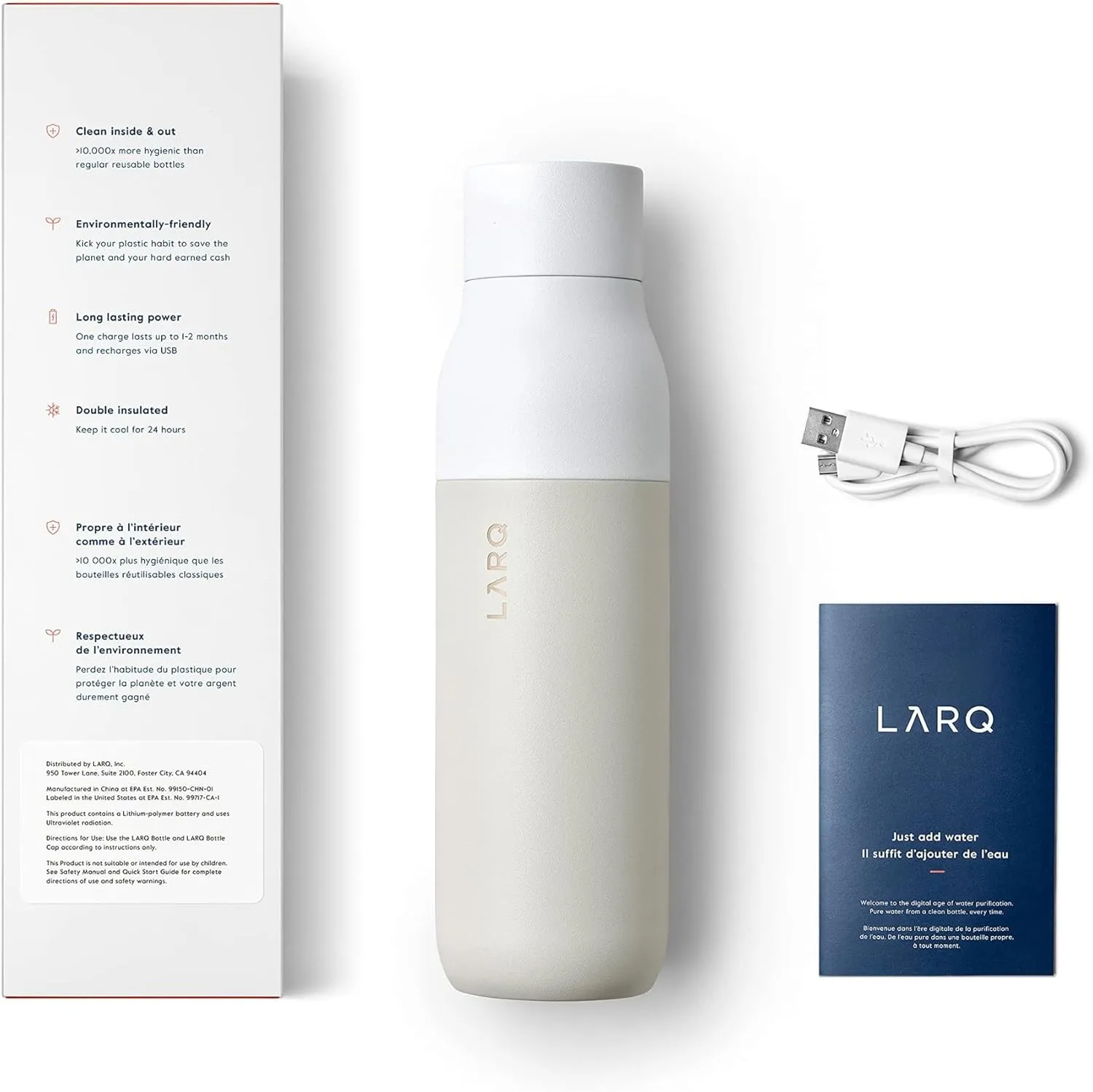 LARQ Bottle PureVis 25 oz - Self-Cleaning and Insulated Stainless Steel Water Bottle with UV Water Purifier and Award-winning Design | Reusable & Travel Friendly, Granite White