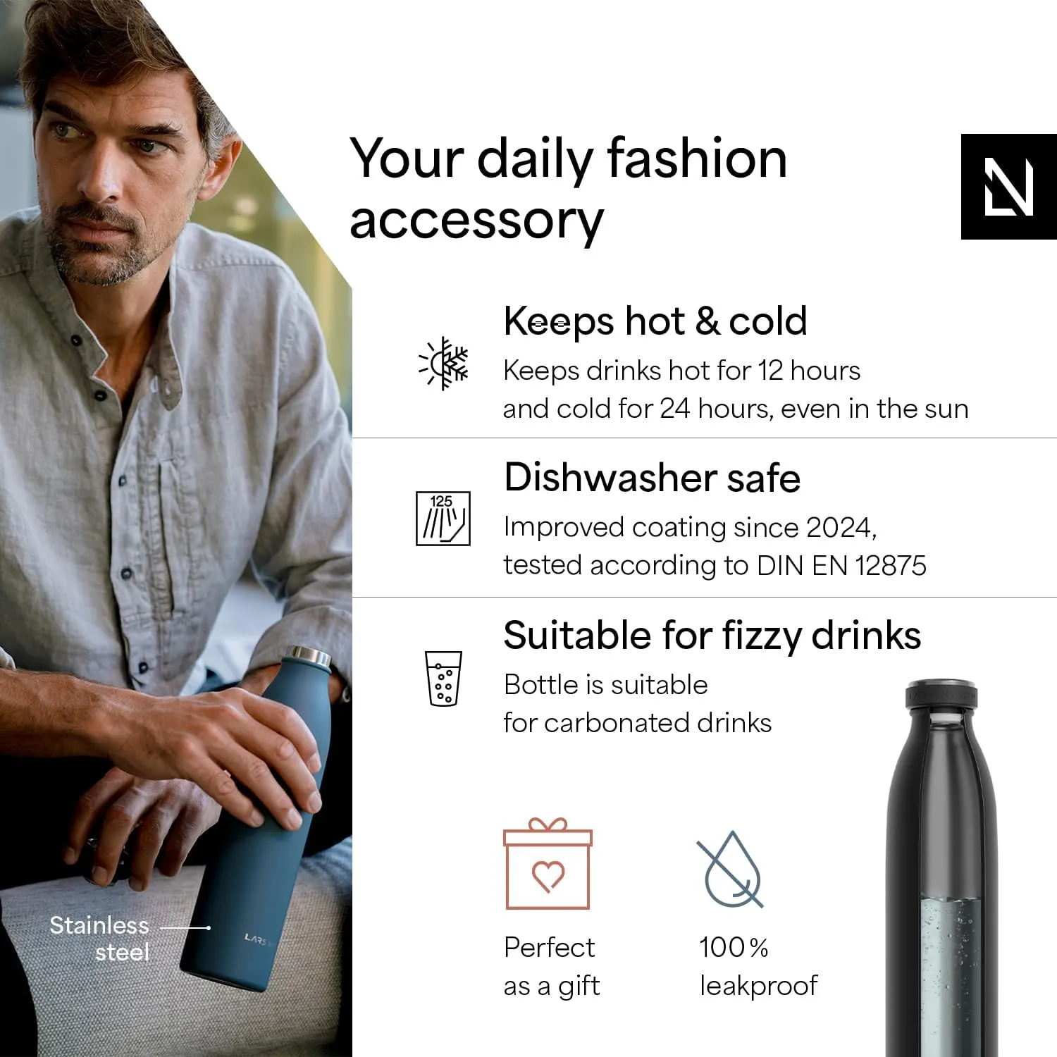 LARS NYSØM Stainless Steel Insulated Water Bottle 12oz 17oz 25oz 34oz 51oz | Insulated Thermo Flask for Hot and Cold Beverages | Leakproof Drinking Bottle (Carbon Black, 33.9oz)