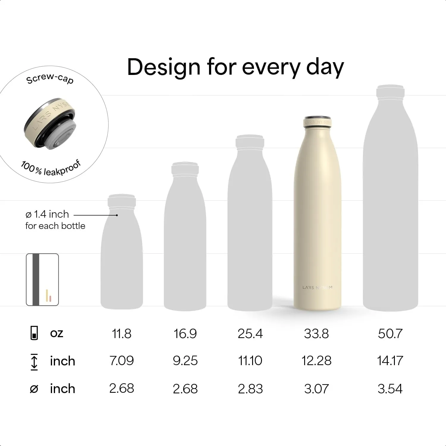LARS NYSØM Stainless Steel Insulated Water Bottle 12oz 17oz 25oz 34oz 51oz | Insulated Thermo Flask for Hot and Cold Beverages | Leakproof Drinking Bottle (Carbon Black, 33.9oz)