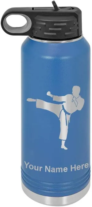 LaserGram Personalized Water Bottle, Karate Man, Stainless Steel Double Wall Vacuum Insulated with Flip Top Straw, Custom Engraved Gift (40oz / 1180ml Dark Blue)