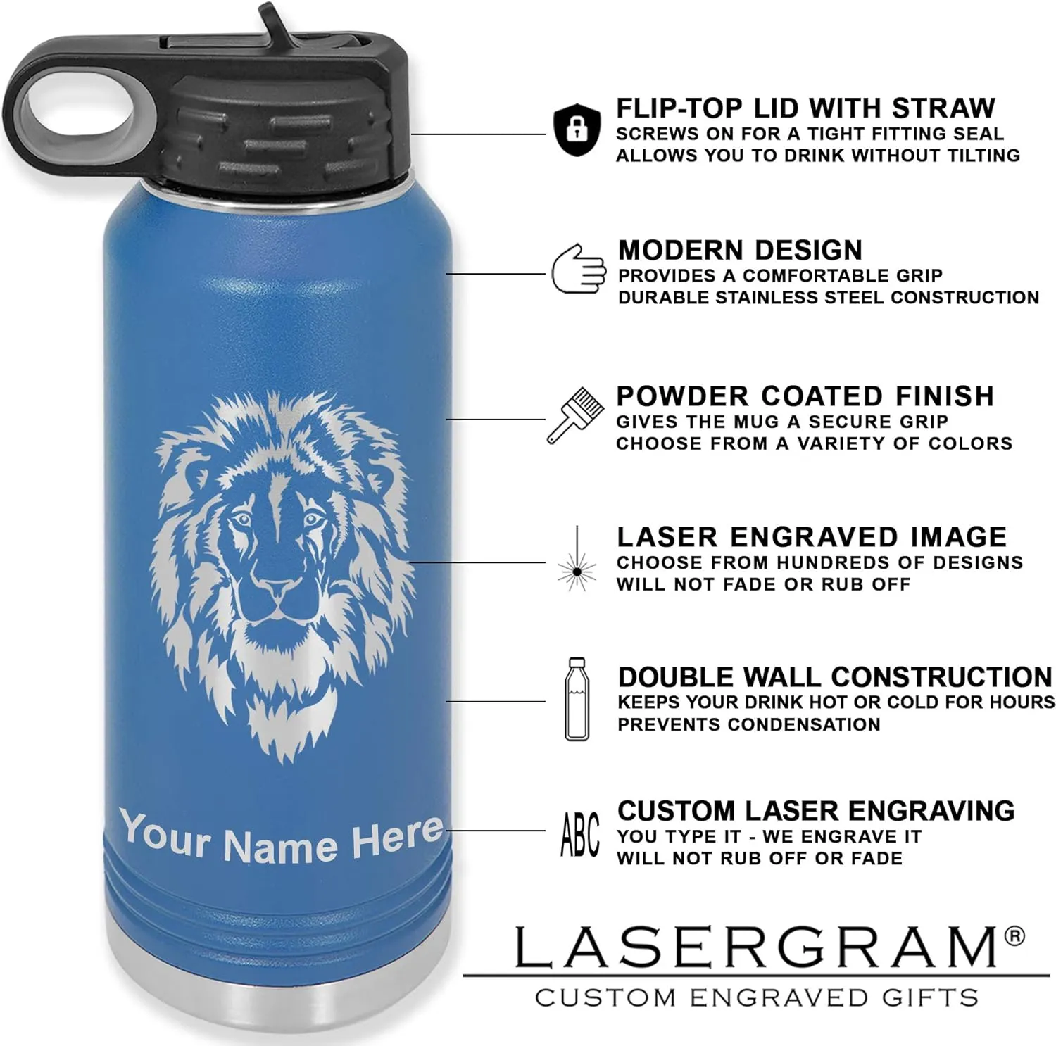 LaserGram Personalized Water Bottle, Karate Man, Stainless Steel Double Wall Vacuum Insulated with Flip Top Straw, Custom Engraved Gift (40oz / 1180ml Dark Blue)
