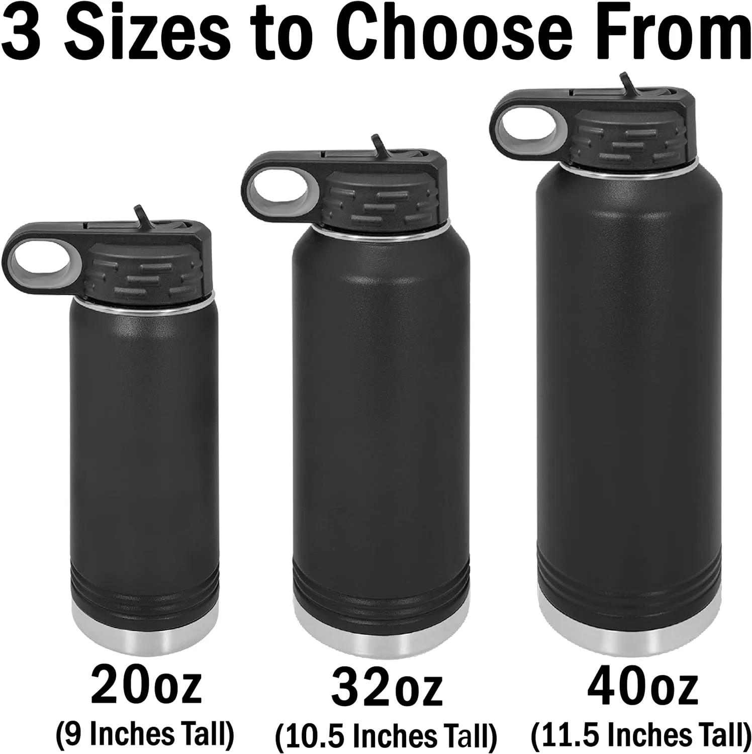 LaserGram Personalized Water Bottle, Sun, Stainless Steel Double Wall Vacuum Insulated with Flip Top Straw, Custom Engraved Gift (40oz / 1180ml Black)