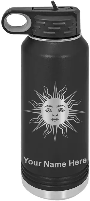 LaserGram Personalized Water Bottle, Sun, Stainless Steel Double Wall Vacuum Insulated with Flip Top Straw, Custom Engraved Gift (40oz / 1180ml Black)