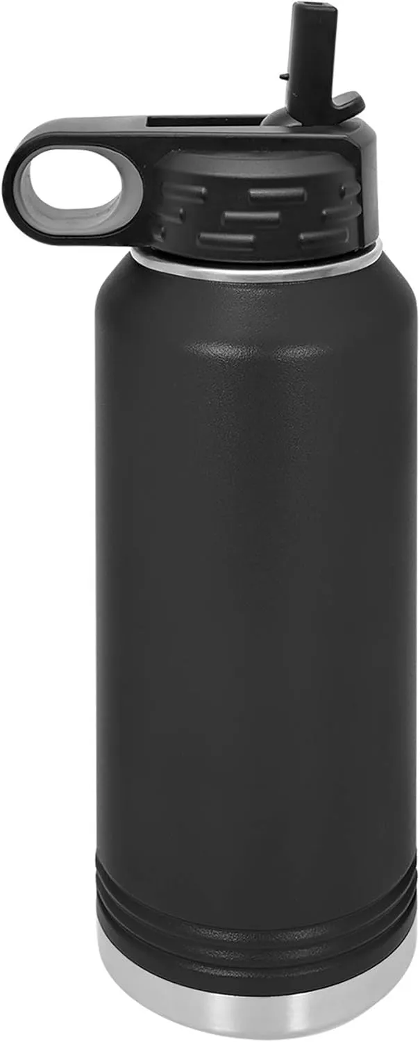 LaserGram Personalized Water Bottle, Sun, Stainless Steel Double Wall Vacuum Insulated with Flip Top Straw, Custom Engraved Gift (40oz / 1180ml Black)