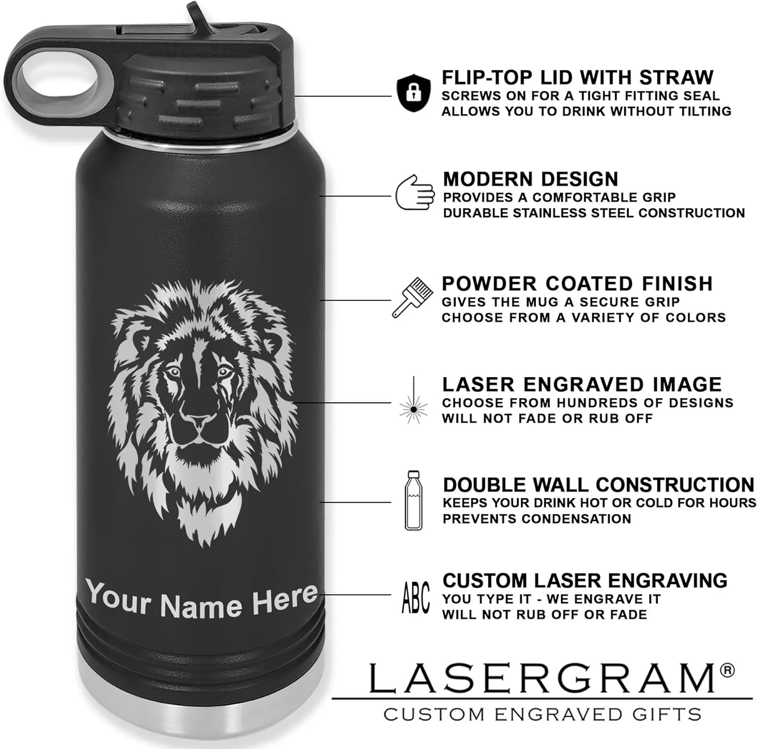 LaserGram Personalized Water Bottle, Trumpet, Stainless Steel Double Wall Vacuum Insulated with Flip Top Straw, Custom Engraved Gift (40oz / 1180ml Black)