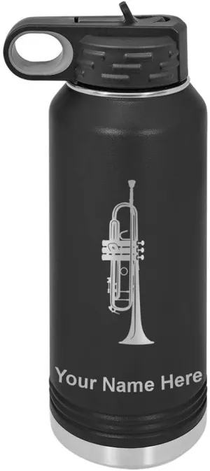 LaserGram Personalized Water Bottle, Trumpet, Stainless Steel Double Wall Vacuum Insulated with Flip Top Straw, Custom Engraved Gift (40oz / 1180ml Black)
