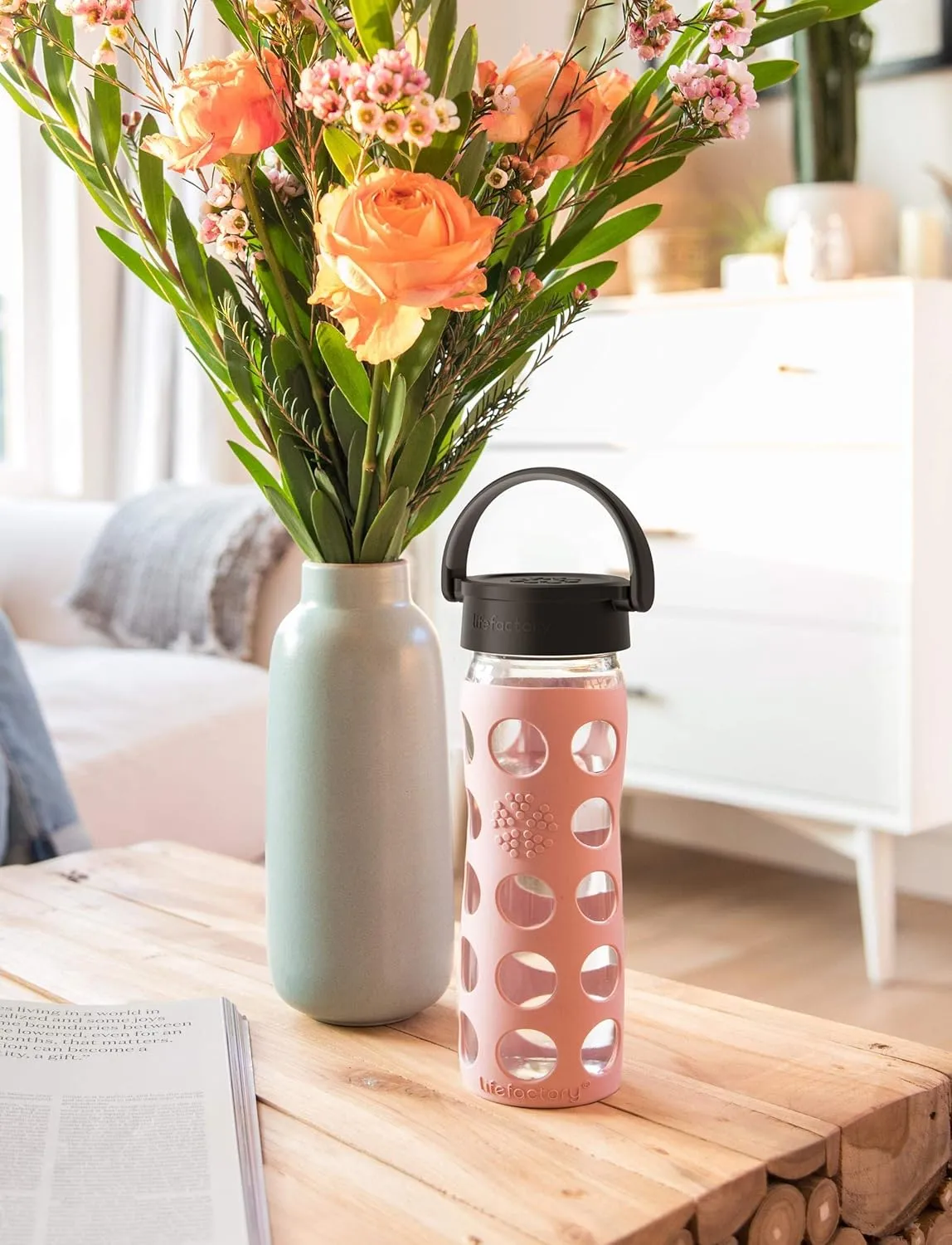 Lifefactory 16-Ounce BPA-Free Glass Water Bottle with Classic Cap and Protective Silicone Sleeve, Poppy