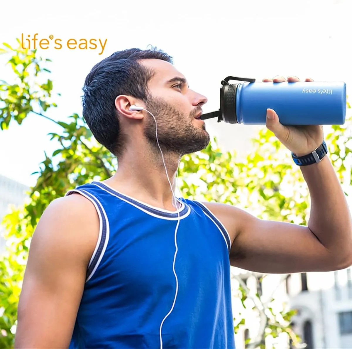 Life's Easy Stainless Steel Insulated Water Bottle - Sports Water Bottle w/Loop Handle Bionic Silicone Straw Lid - Vacuum Flask for Hot and Cold Drinks - Great for School, Travel & More (Blue, 18 oz)