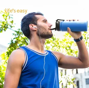 Life's Easy Stainless Steel Insulated Water Bottle - Sports Water Bottle w/Loop Handle Bionic Silicone Straw Lid - Vacuum Flask for Hot and Cold Drinks - Great for School, Travel & More (Blue, 18 oz)