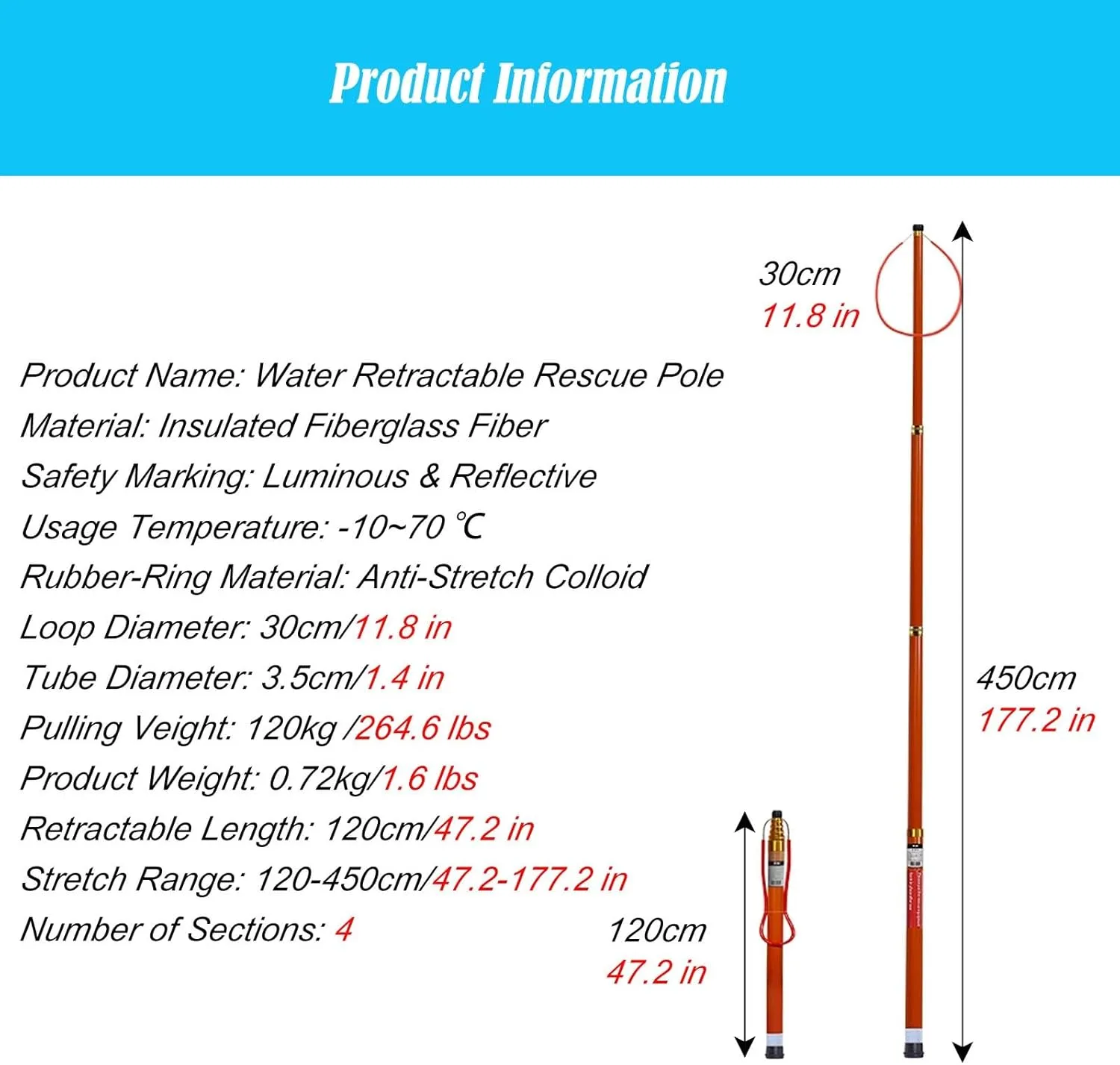 Lifesaving Pole High Visibility Professional Rescue Life Pole, Pool Lifeguard Pole with Night Luminous & Reflective Design, Telescopic Rescue Bar for Beaches Yachts (Size : H 450cm)