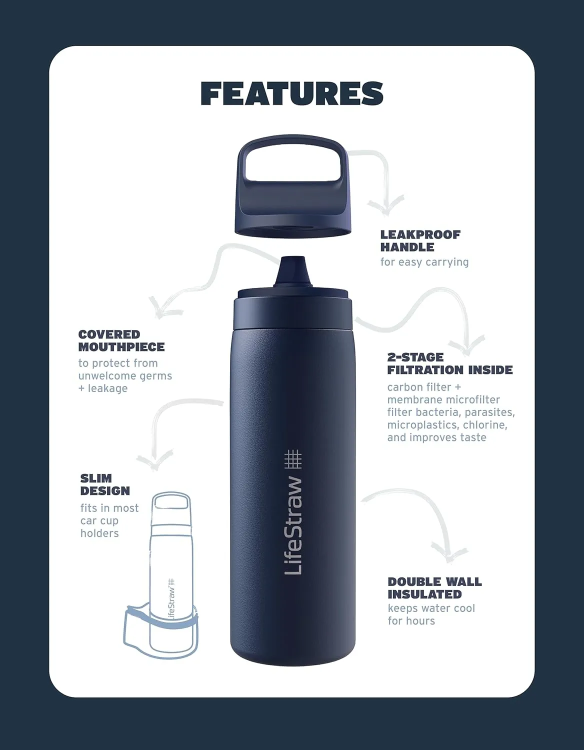 LifeStraw Go Series – Insulated Stainless Steel Water Filter Bottle for Travel and Everyday Use, Removes Bacteria, Parasites and Microplastics, Improves Taste, 1L Cactus Green