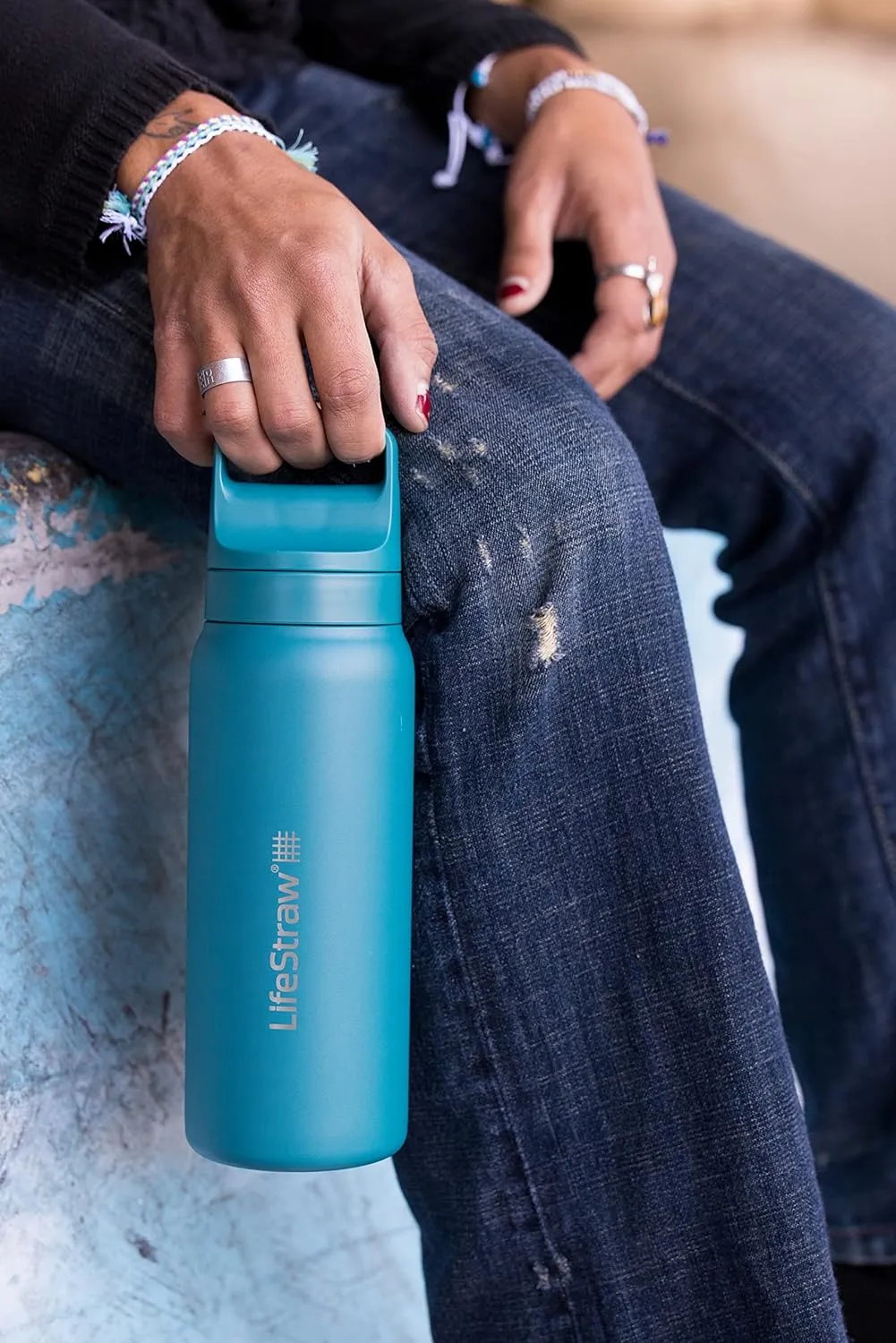 LifeStraw Go Series — Insulated Stainless Steel Water Filter Bottle for Travel and Everyday Use Removes Bacteria, Parasites and Microplastics, Improves Taste, 24oz Laguna Teal
