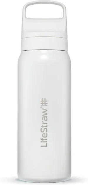 LifeStraw Go Series — Insulated Stainless Steel Water Filter Bottle for Travel and Everyday Use Removes Bacteria, Parasites and Microplastics, Improves Taste, 24oz Polar White