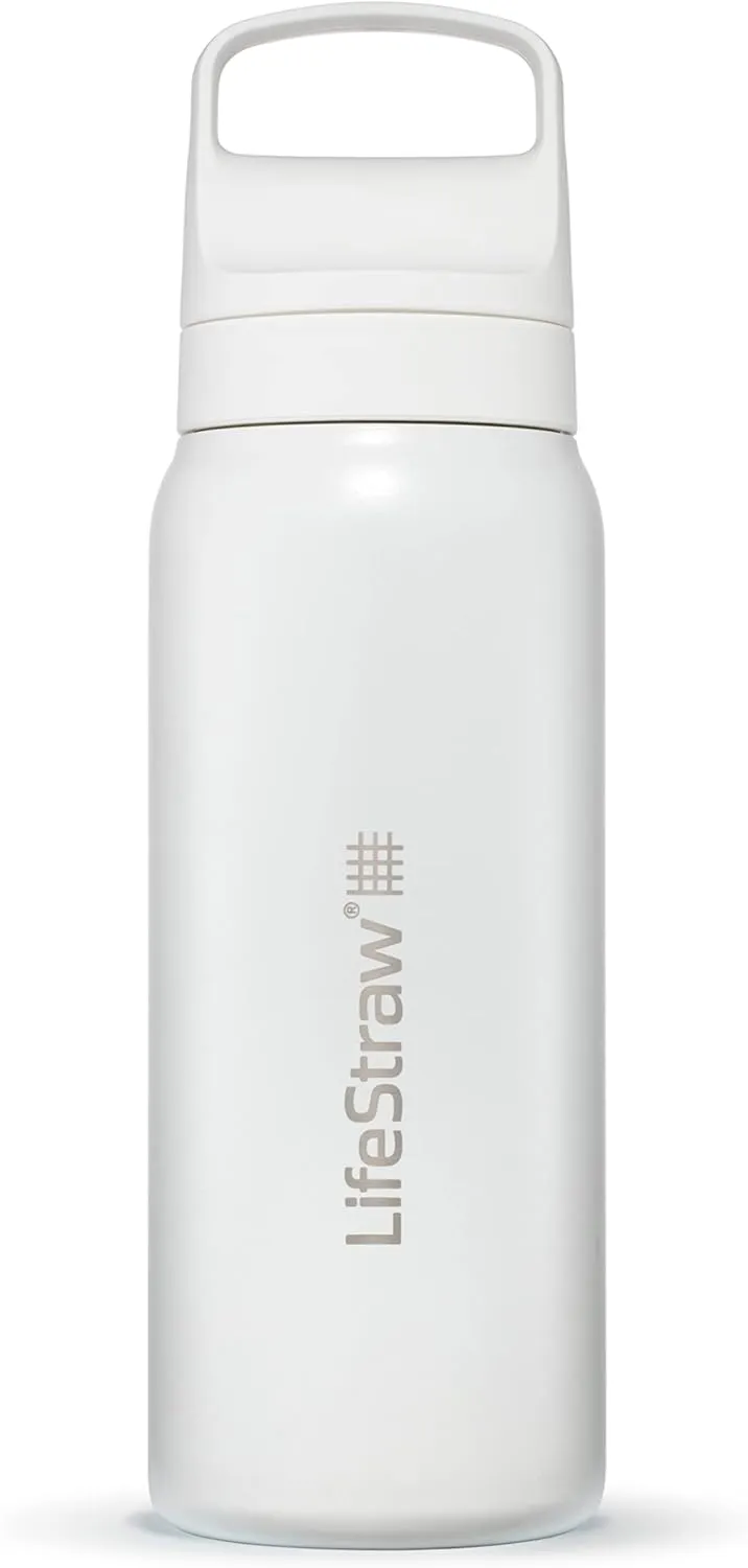 LifeStraw Go Series — Insulated Stainless Steel Water Filter Bottle for Travel and Everyday Use Removes Bacteria, Parasites and Microplastics, Improves Taste, 24oz Polar White