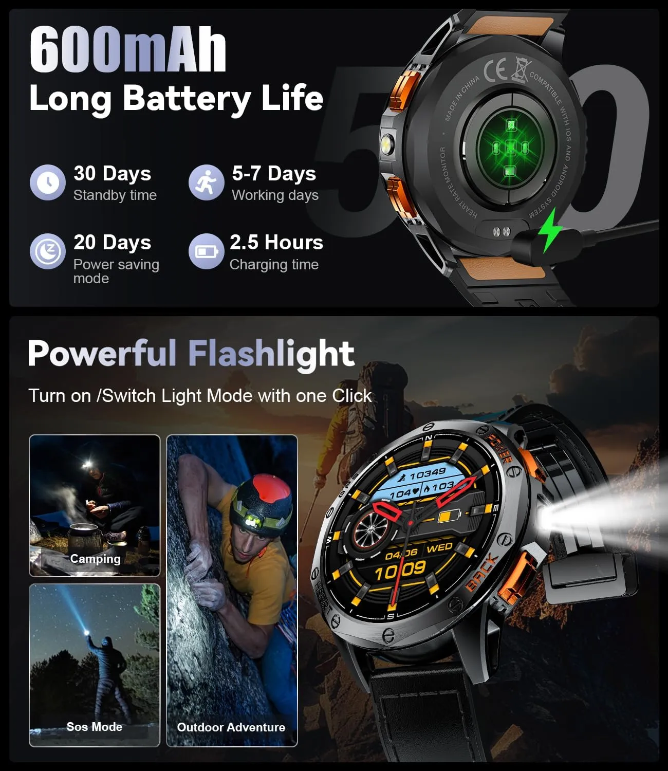 LIGE GPS Military Smart Watch for Men, LED Flashlight/Compass/45 Days Battery/IP68 Waterproof 1.43'' AMOLED Smartwatch, 100  Sports Modes Fitness Tracker, Rugged Smart Watches for Android iOS