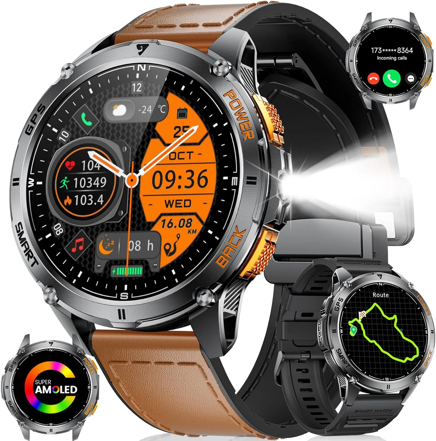 LIGE GPS Smart Watch for Men, Compass/LED Flashlight/1.43" AMOLED Smartwatch, IP68 Waterproof/Swim Mode/100  Sports Mode Fitness Tracker Watch, Men's Smart Watch for Android iPhone Compatible