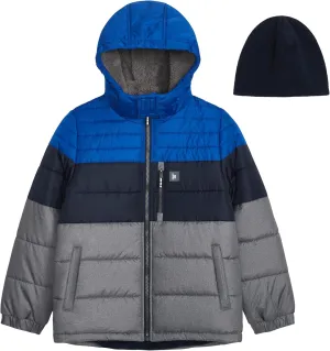 LONDON FOG Boys' Heavyweight Puffer Jacket with Sherpa-Lined Hood & Fleece Beanie