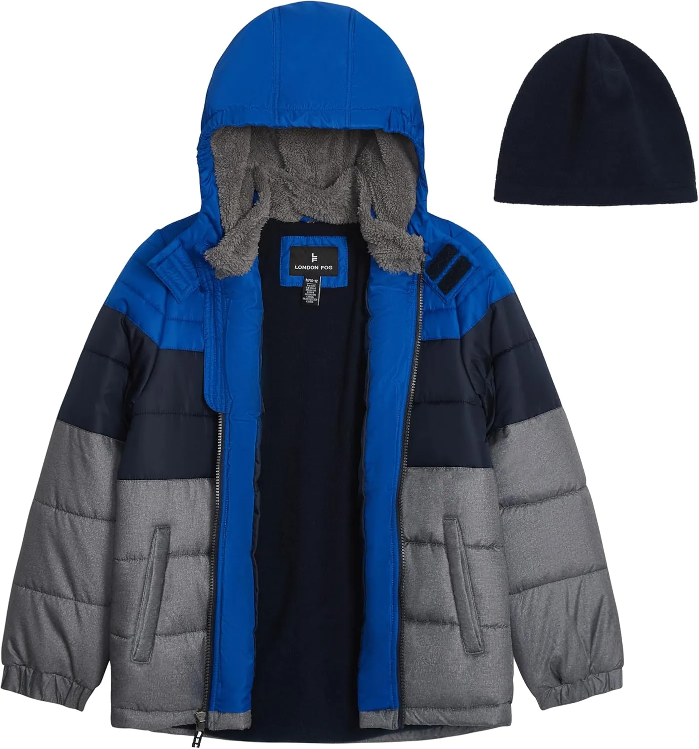 LONDON FOG Boys' Heavyweight Puffer Jacket with Sherpa-Lined Hood & Fleece Beanie